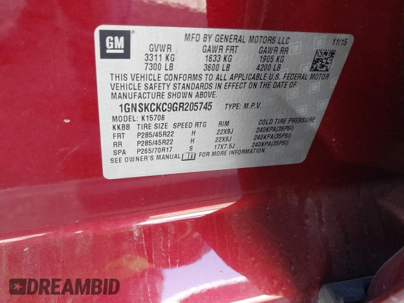 2016 Chevrolet Tahoe LTZ z VIN 1GNSKCKC9GR205745, wystawiony jako IAAI lot #41710241 z przebiegiem 94 931 mil mil oraz . Historia ofert i sprzedaży dostępna na DreamBid. Obrazek 9.