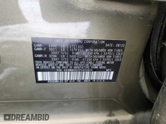 2023 Subaru Ascent Onyx with VIN 4S4WMAHD2P3454654, listed as a Copart auction lot 85914684 with Not provided miles and Salvage title. Bid and sale history available at DreamBid. Image 14.