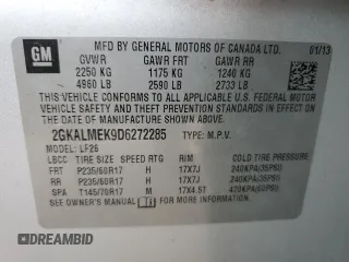 2013 GMC Terrain SLE with VIN 2GKALMEK9D6272285, listed as a Copart auction lot 51327545 with 89,220 mi miles and Salvage Title. Bid and sale history available at DreamBid. Image 13.