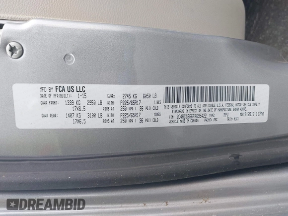 2015 Chrysler Town & Country Touring with VIN 2C4RC1BG6FR695422, listed as a IAAI auction lot 42246534 with 181,433 mi miles and . Bid and sale history available at DreamBid. Image 9.