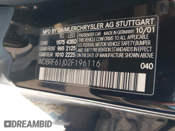 2002 Mercedes-Benz C 230/260/280/320 z VIN WDBRF61J02F196116, wystawiony jako IAAI lot #42250367 z przebiegiem Nie podano mil oraz . Historia ofert i sprzedaży dostępna na DreamBid. Obrazek 9.