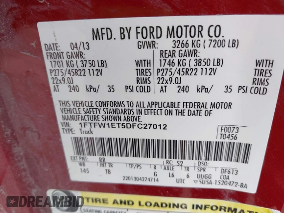 2013 Ford F-150 XL with VIN 1FTFW1ET5DFC27012, listed as a IAAI auction lot 40783158 with 106,221 mi miles. Bid and sale history available at carsss.com. Image 9.