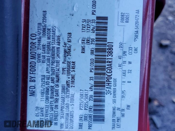 2010 Ford Fusion SEL with VIN 3FAHP0CG0AR138801, listed as a Copart auction lot 49280755 with 228,361 mi miles and Salvage Title. Bid and sale history available at carsss.com. Image 12.