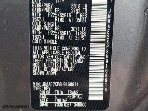 2017 Nissan Quest SV with VIN JN8AE2KP8H9168914, listed as a Copart auction lot 69182863 with 334,975 mi miles. Bid and sale history available at carsss.com. Image 13.