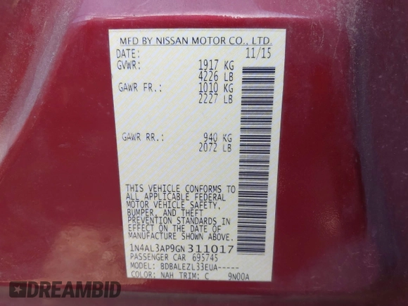 2016 Nissan Altima 2.5 S with VIN 1N4AL3AP9GN311017, listed as a IAAI auction lot 42137691 with 193,902 mi miles. Bid and sale history available at carsss.com. Image 9.