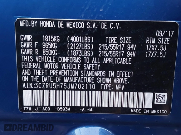 2018 Honda HR-V EX-L Navi with VIN 3CZRU5H75JM702110, listed as a IAAI auction lot 41005796 with 97,103 mi miles. Bid and sale history available at carsss.com. Image 9.