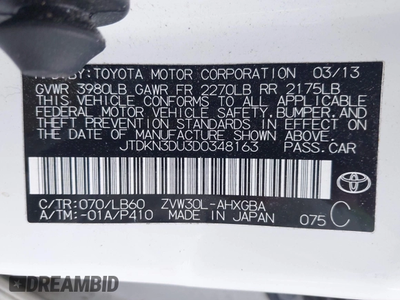 2013 Toyota Prius One with VIN JTDKN3DU3D0348163, listed as a IAAI auction lot 42115180 with 121,397 mi miles and . Bid and sale history available at DreamBid. Image 9.