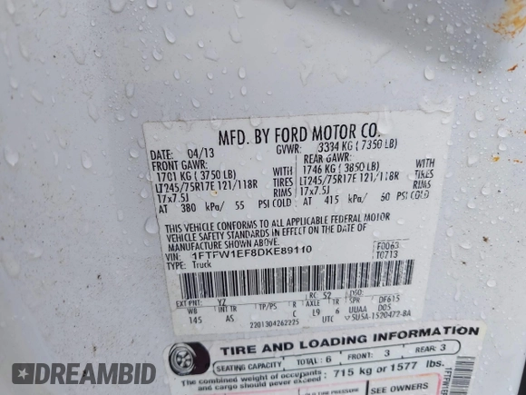 2013 Ford F-150 XL with VIN 1FTFW1EF8DKE89110, listed as a IAAI auction lot 41692986 with 353,367 mi miles and . Bid and sale history available at DreamBid. Image 9.