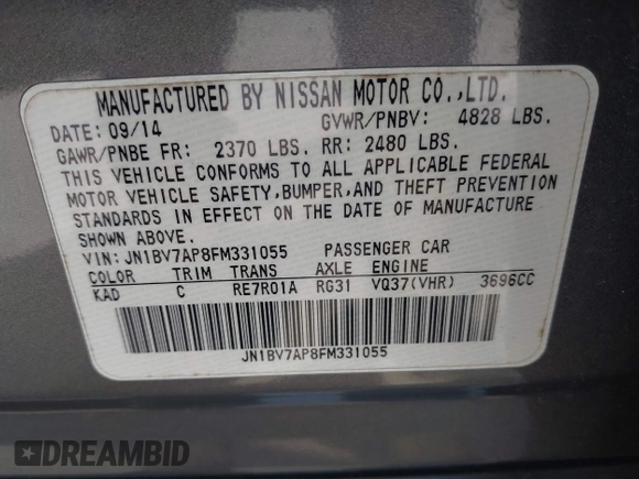 2015 Infiniti Q50 Premium with VIN JN1BV7AP8FM331055, listed as a IAAI auction lot 41828967 with 110,683 mi miles. Bid and sale history available at carsss.com. Image 9.