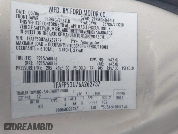 2006 Ford Taurus SE with VIN 1FAFP53U76A262737, listed as a IAAI auction lot 42232057 with 107,575 mi miles and . Bid and sale history available at DreamBid. Image 9.