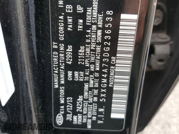 2013 Kia Optima LX z VIN 5XXGM4A73DG236538, wystawiony jako Copart lot #54799965 z przebiegiem 176 640 mil mil oraz Szkoda całkowita • Salvage title. Historia ofert i sprzedaży dostępna na DreamBid. Obrazek 12.