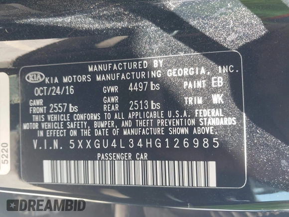 2017 Kia Optima EX с VIN 5XXGU4L34HG126985, выставлен на аукционе IAAI как лот 41965419 с пробегом 107 000 миль миль и . История ставок и продаж доступна на DreamBid. Изображение 9.