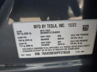 2023 Tesla Model X with VIN 7SAXCBE50PF378548, listed as a IAAI auction lot 41698357 with Not Provided miles and . Bid and sale history available at DreamBid. Image 9.