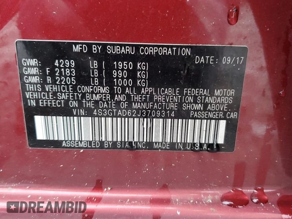 2018 Subaru Impreza Premium z VIN 4S3GTAD62J3709314, wystawiony jako Copart lot #59881165 z przebiegiem 56 482 mil mil oraz Szkoda całkowita • Salvage title. Historia ofert i sprzedaży dostępna na DreamBid. Obrazek 12.