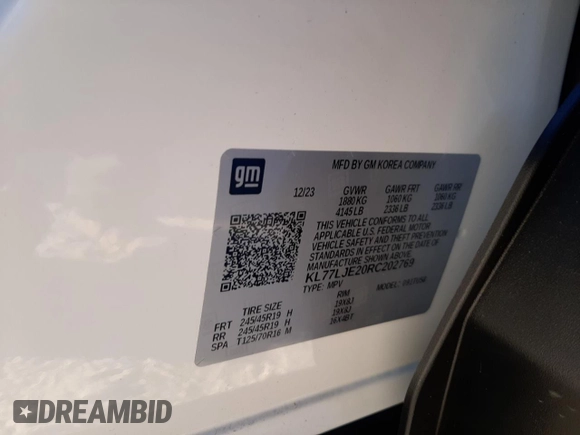 2024 Chevrolet Trax 2RS with VIN KL77LJE20RC202769, listed as a Copart auction lot 87805255 with Not Provided miles and Salvage Title. Bid and sale history available at DreamBid. Image 13.
