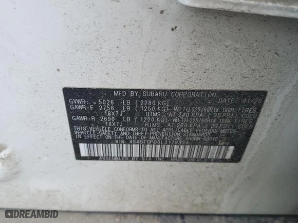 2020 Subaru Outback Touring XT with VIN 4S4BTGPD0L3179334, listed as a Copart auction lot 50014265 with 0 mi miles and Salvage Title. Bid and sale history available at carsss.com. Image 13.