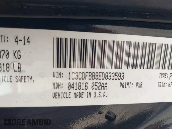 2014 Dodge Dart SXT with VIN 1C3CDFBB9ED833593, listed as a IAAI auction lot 41705243 with 148,810 mi miles. Bid and sale history available at carsss.com. Image 9.