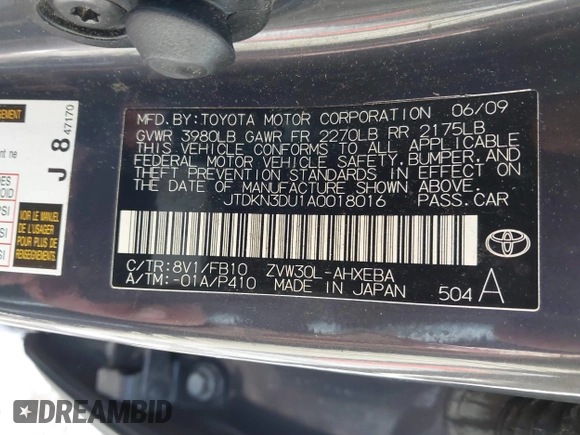 2010 Toyota Prius II with VIN JTDKN3DU1A0018016, listed as a IAAI auction lot 41586773 with 129,510 mi miles and . Bid and sale history available at carsss.com. Image 9.