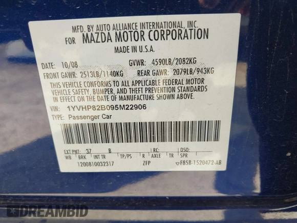 2009 Mazda 6 S Grand Touring with VIN 1YVHP82B095M22906, listed as a IAAI auction lot 41746897 with Not Provided miles and . Bid and sale history available at DreamBid. Image 9.