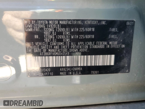 2021 Toyota RAV4 Hybrid LE with VIN 4T3B6RFV6MU040549, listed as a Copart auction lot 89164795 with 79,527 mi miles and Salvage Title. Bid and sale history available at carsss.com. Image 14.