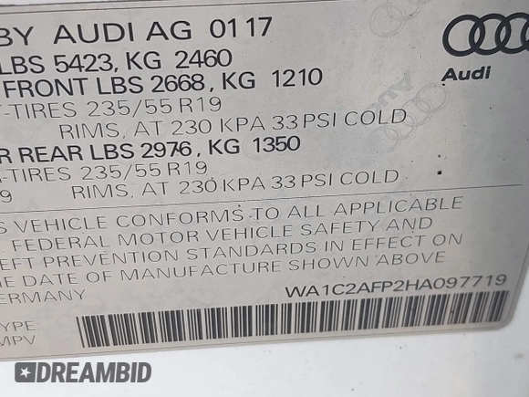 2017 Audi Q5 Premium with VIN WA1C2AFP2HA097719, listed as a IAAI auction lot 41872640 with 75,616 mi miles. Bid and sale history available at carsss.com. Image 9.
