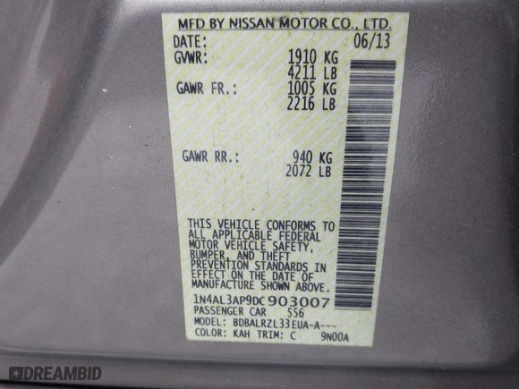 2013 Nissan Altima 2.5 S with VIN 1N4AL3AP9DC903007, listed as a IAAI auction lot 41422523 with 60,257 mi miles. Bid and sale history available at carsss.com. Image 9.