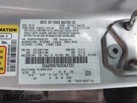 2016 Ford Fusion SE with VIN 3FA6P0H7XGR367222, listed as a IAAI auction lot 41951504 with 199,572 mi miles and . Bid and sale history available at DreamBid. Image 9.