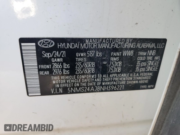 2022 Hyundai Santa Fe SEL with VIN 5NMS24AJ8NH396221, listed as a Copart auction lot 70727342 with 11,855 mi miles. Bid and sale history available at carsss.com. Image 13.