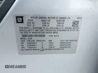 2013 GMC Terrain SLT with VIN 2GKFLUE31D6160269, listed as a IAAI auction lot 40938200 with 201,060 mi miles and . Bid and sale history available at carsss.com. Image 9.