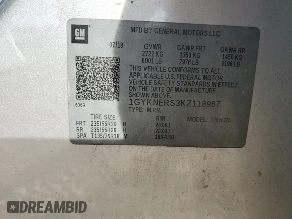 2019 Cadillac XT5 Premium Luxury FWD with VIN 1GYKNERS3KZ118967, listed as a Copart auction lot 42419035 with 113,917 mi miles and Salvage title. Bid and sale history available at DreamBid. Image 15.