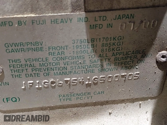 2001 Subaru Impreza RS with VIN JF1GC67541G500705, listed as a IAAI auction lot 42546656 with 163,286 mi miles and . Bid and sale history available at DreamBid. Image 9.