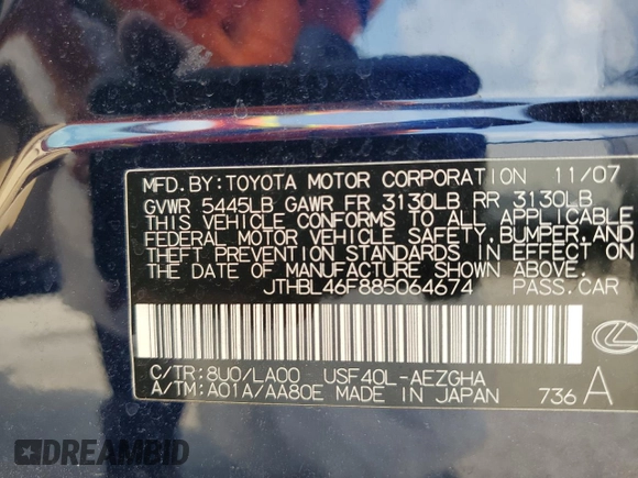 2008 Lexus LS 460 with VIN JTHBL46F885064674, listed as a Copart auction lot 59436135 with 82,197 mi miles and Salvage title. Bid and sale history available at DreamBid. Image 13.