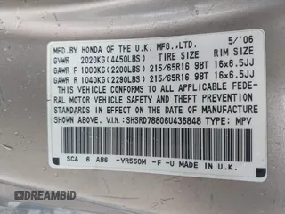 2006 Honda CR-V EX with VIN SHSRD78806U436848, listed as a IAAI auction lot 41878308 with 178,748 mi miles and . Bid and sale history available at carsss.com. Image 9.