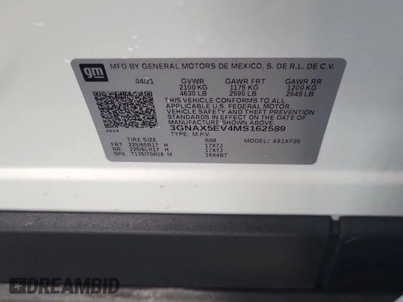 2021 Chevrolet Equinox LS with VIN 3GNAX5EV4MS162589, listed as a IAAI auction lot 42619578 with 87,455 mi miles and . Bid and sale history available at DreamBid. Image 28.