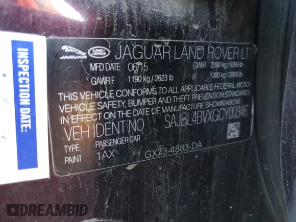 2016 Jaguar XF with VIN SAJBL4BVXGCY00346, listed as a Copart auction lot 48120795 with 214,762 mi miles and Salvage Title. Bid and sale history available at DreamBid. Image 12.
