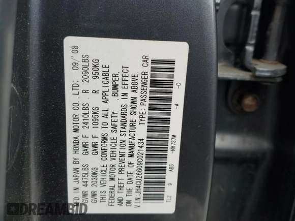 2009 Acura TSX with VIN JH4CU26609C021434, listed as a Copart auction lot 61012295 with 137,165 mi miles and Clean title. Bid and sale history available at DreamBid. Image 13.