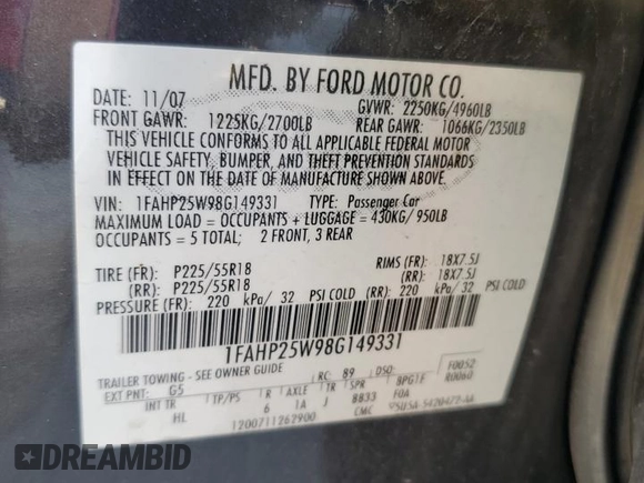 2008 Ford Taurus Limited with VIN 1FAHP25W98G149331, listed as a Copart auction lot 75864854 with 175,878 mi miles and Salvage Title. Bid and sale history available at carsss.com. Image 12.
