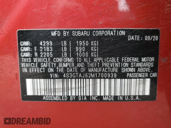 2021 Subaru Impreza Special Sports with VIN 4S3GTAJ62M1700939, listed as a Copart auction lot 46286945 with 35,361 mi miles and Salvage title. Bid and sale history available at DreamBid. Image 12.