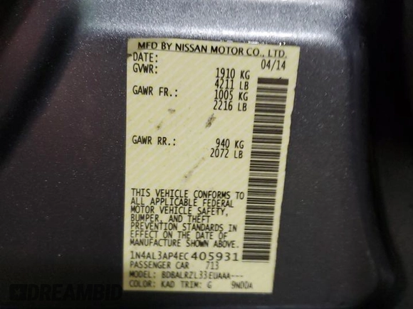 2014 Nissan Altima 2.5 with VIN 1N4AL3AP4EC405931, listed as a Copart auction lot 43037465 with 149,374 mi miles and Salvage Title. Bid and sale history available at DreamBid. Image 13.
