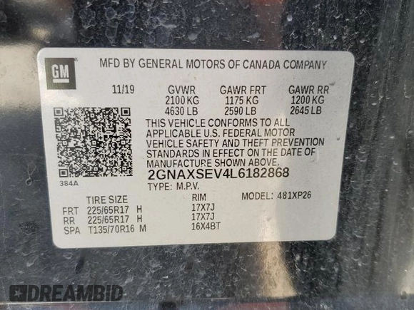 2020 Chevrolet Equinox LS z VIN 2GNAXSEV4L6182868, wystawiony jako Copart lot #52745785 z przebiegiem 274 983 mil mil oraz Szkoda całkowita • Salvage title. Historia ofert i sprzedaży dostępna na DreamBid. Obrazek 15.