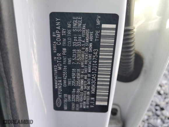 2018 Hyundai Kona Limited with VIN KM8K3CA51JU147543, listed as a Copart auction lot 45017805 with 54,651 mi miles and Salvage Title. Bid and sale history available at carsss.com. Image 12.