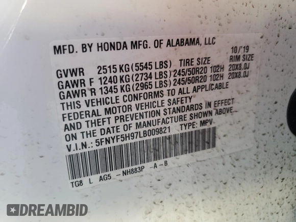 2020 Honda Pilot Touring 8-Passenger with VIN 5FNYF5H97LB009821, listed as a Copart auction lot 70979274 with 70,322 mi miles and Salvage Title. Bid and sale history available at DreamBid. Image 15.