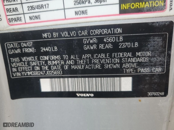 2007 Volvo C70 with VIN YV1MC68247J025693, listed as a Copart auction lot 74004384 with 0 mi miles and Non Repairable. Bid and sale history available at carsss.com. Image 13.