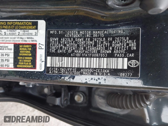 2015 Toyota Camry XLE with VIN 4T1BF1FK1FU087653, listed as a IAAI auction lot 41942940 with 180,274 mi miles. Bid and sale history available at carsss.com. Image 9.