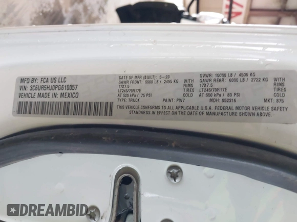 2023 Ram 2500 Tradesman z VIN 3C6UR5HJ0PG610057, wystawiony jako IAAI lot #42385008 z przebiegiem 21 105 mil mil oraz . Historia ofert i sprzedaży dostępna na DreamBid. Obrazek 9.
