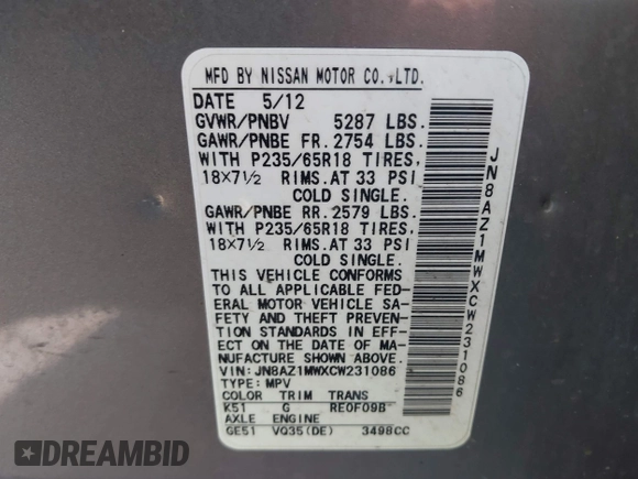 2012 Nissan Murano SV z VIN JN8AZ1MWXCW231086, wystawiony jako IAAI lot #42418434 z przebiegiem 189 812 mil mil oraz . Historia ofert i sprzedaży dostępna na DreamBid. Obrazek 9.