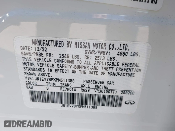 2023 Infiniti Q50 Luxe with VIN JN1EV7BPXPM511389, listed as a IAAI auction lot 41329603 with 28,476 mi miles and . Bid and sale history available at DreamBid. Image 8.