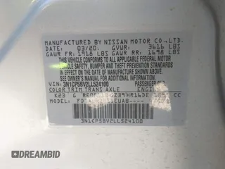 2020 Nissan Kicks S with VIN 3N1CP5BV2LL524100, listed as a IAAI auction lot 41829663 with 50,530 mi miles. Bid and sale history available at carsss.com. Image 9.