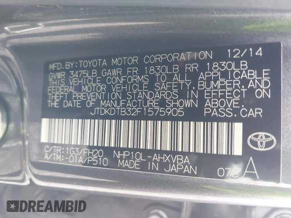 2015 Toyota Prius One z VIN JTDKDTB32F1575905, wystawiony jako IAAI lot #42152447 z przebiegiem 141 061 mil mil oraz . Historia ofert i sprzedaży dostępna na DreamBid. Obrazek 9.