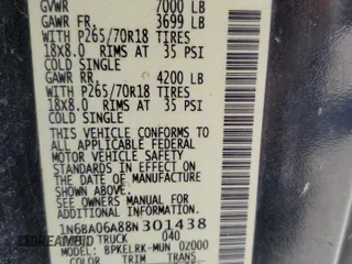 2008 Nissan Titan XE with VIN 1N6BA06A88N301438, listed as a Copart auction lot 59638385 with 122,576 mi miles and Salvage title. Bid and sale history available at DreamBid. Image 13.